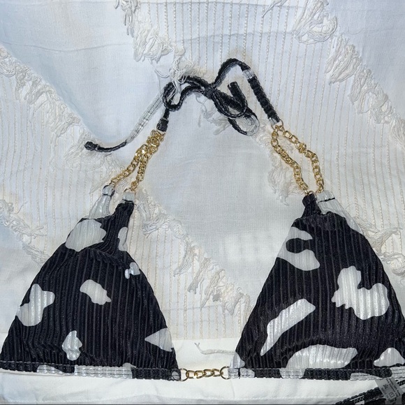 Ribbed Cow Print Velvet Triangle Bikini Double Chain Cheeky Bottoms MediumxLarge - Picture 5 of 7